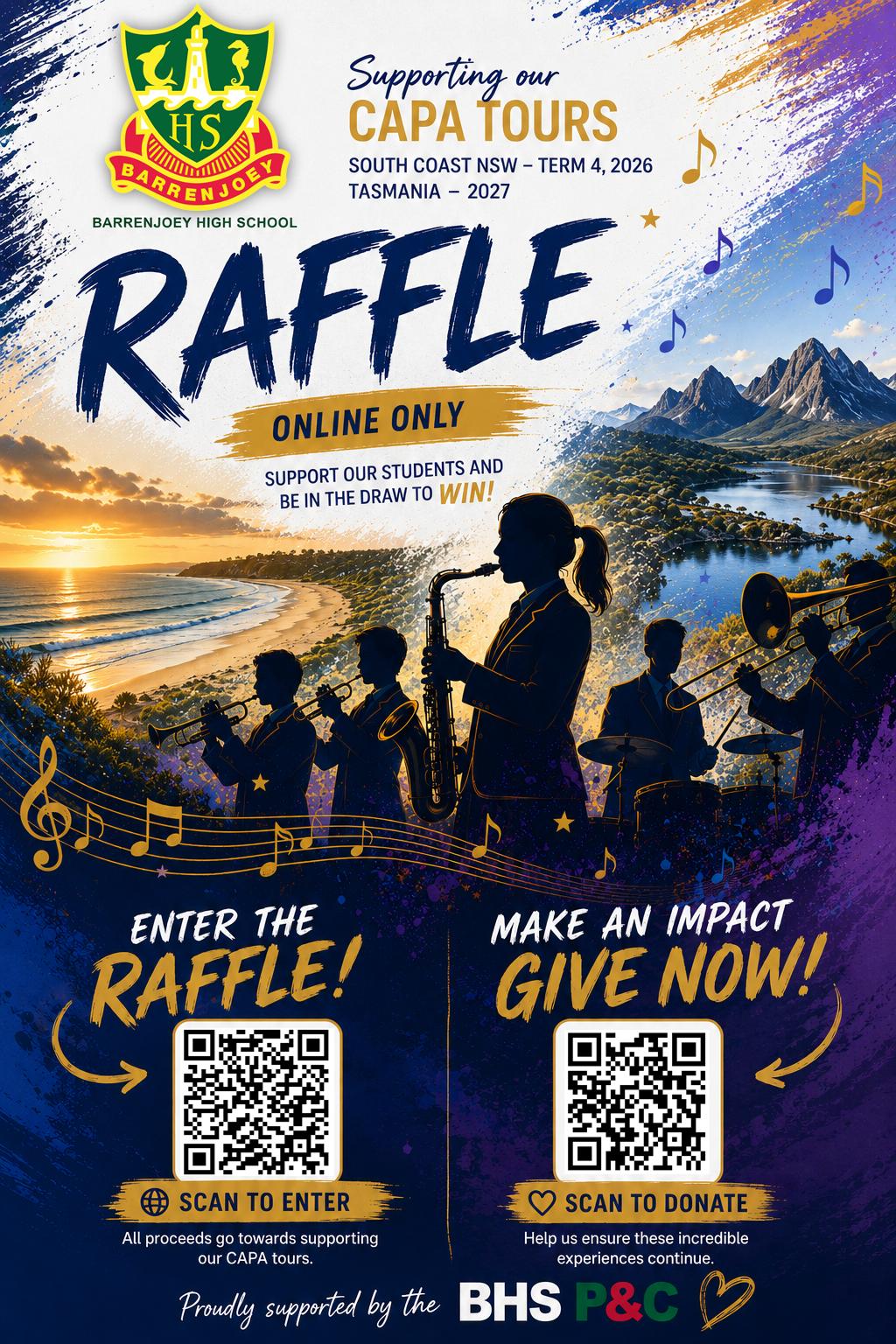 Barrenjoey High School CAPA Tours Raffle, supporting tours to South Coast NSW in Term 4 2026 and Tasmania in 2027